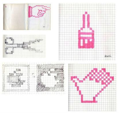 Bocetos para los iconos de Mac. Para adaptarse a los mapas de bits, Susan Kare se hizo con hojas de papel cuadriculadas en las que delimitó cuadros de 32x32.