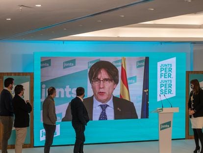 Carles Puigdemont valora, por videollamada, los resultados de las elecciones en Cataluña.
