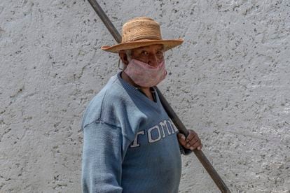 Encarnación Alberto, quien se dedica a recolectar cartón en el barrio de Iztapalapa (Ciudad de México), posa para una fotografía con su cubrebocas durante la crisis sanitaria del coronavirus.