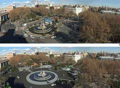 Estado actual de la plaza de Canovas del Castillo, arriba, y estado propuesto en los planes municipales.