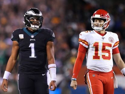 Una imagen comparativa de los 'quarterbacks' de Philadelphia Eagles, Jalen Hurts, y el de los Kansas City Chiefs, Patrick Mahomes.