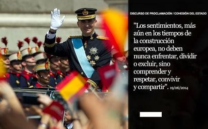 La mañana del 2 de junio de 2014, el presidente del Gobierno, Mariano Rajoy, anunció en una declaración institucional la abdicación del Rey. Juan Carlos I dio paso a su hijo, Felipe VI, que el próximo 19 de junio cumplirá un año como monarca. Estas son 10 frases de sus primeros 12 meses.