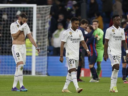 Benzema, Rodrygo y Vinicius, tras la ida de las semifinales de Copa contra el Barcelona.