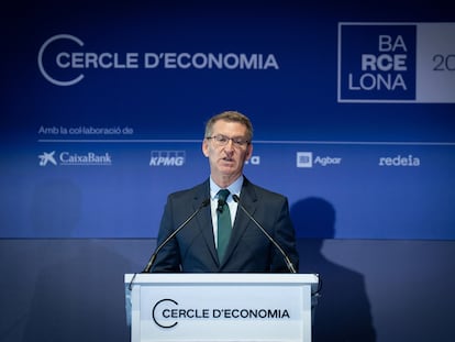 El líder de PP, Alberto Núñez Feijóo, interviene durante la última jornada de la 38 reunión del Cercle d’Economia, en Barcelona, a 31 de mayo de 2023.