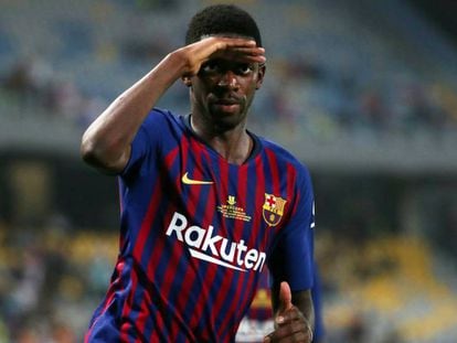 Ousmane Dembélé, jugador del FC Barcelona, celebra el gol marcado en el partido contra el Valladolid.