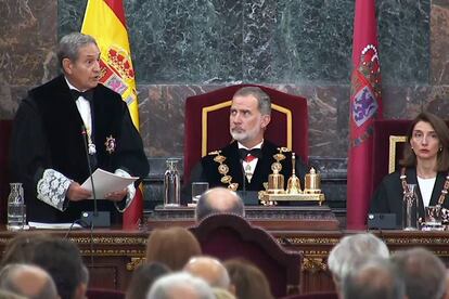 El presidente del TS, Francisco Marín Castán, durante el discurso de apertura del año judicial, junto al Rey Felipe VI y la ministra de justicia, Pilar Llop, el 7 de septiembre de 2023.