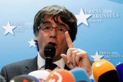 Sacked Catalan leader Carles Puigdemont attends a news conference at the Press Club Brussels Europe in Brussels,