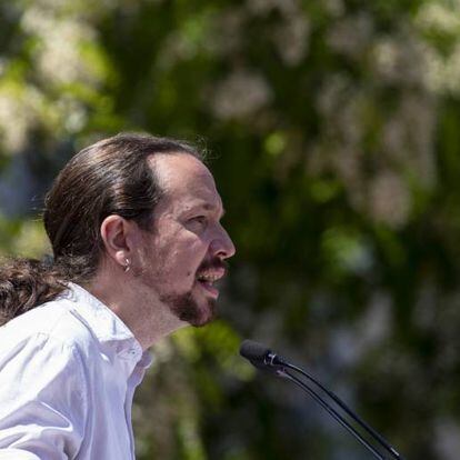 Pablo Iglesias durante un acto de campaña en Móstoles, el pasado 2 de mayo.