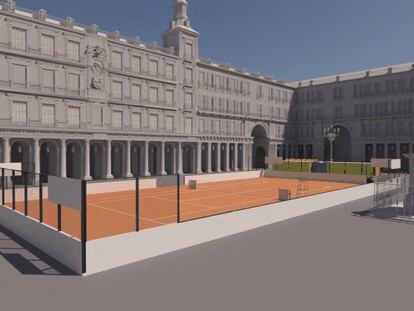 Render de una pista de tenis en la Plaza Mayor de Madrid para el Mutua Madrid Open 2024.