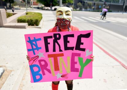 Manifestante en la primera audiencia de Britney contra su padre.