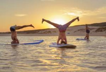 Sesión de yoga sobre tablas de surf en Tarifa (Cádiz).