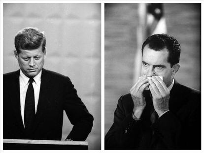 Nixon se limpia el sudor de la cara y Kennedy muestra un gesto concentrado y relajado durante el primer debate televisado de la historia.
