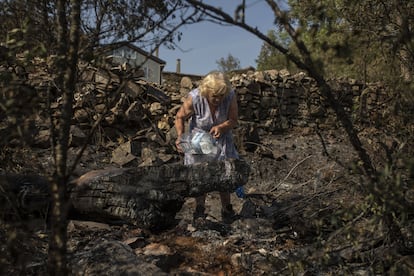 Una mujer echaba agua el martes en una zona de vegetación afectada por el incendio de Losacio, en Zamora, que ha obligado a desalojar 17 pueblos.