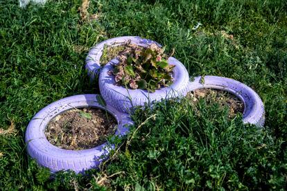 Neumáticos decorados por los vecinos y reciclados como jardineras en Fuentecantos.