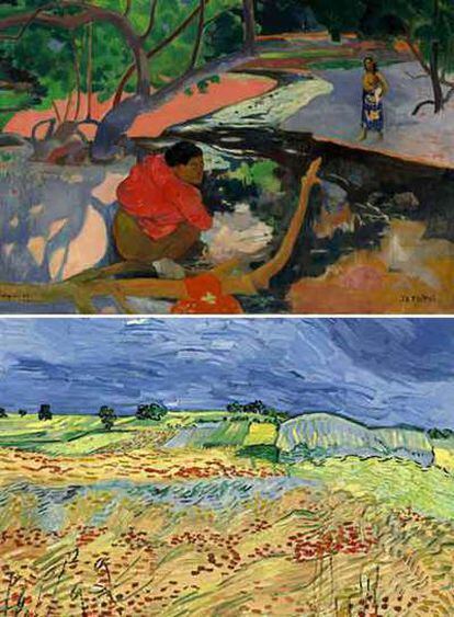 Arriba, <i>La mañana</i>, de Gauguin, y abajo, <i>Los campos de trigo</i>, de Van Gogh, subastados en Nueva York.