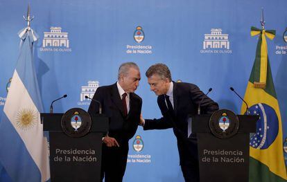 Michel Temer y Mauricio Macri durante la rueda de prensa en Buenos Aires.