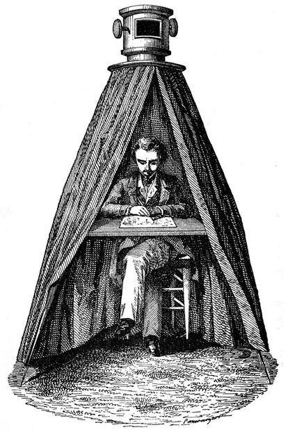 La cámara oscura permitía proyectar una imagen del exterior sobre su superficie. El término fue creado por Johannes Kepler y fue documentado en su tratado ‘Ad Vitellionem Paralipomena’ de 1604. En la imagen, un grabado de una cámara oscura en funcionamiento realizado por Dionysius Lardner en 1855.
