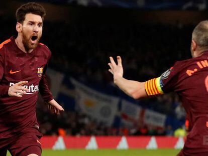 Messi celebra el gol del 1-1 en la ida de los octavos de final de la Liga de Campeones, que enfrentó al Barcelona con el Chelsea.