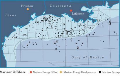 Mapa con los puntos en los que la compañía Mariner Energy realiza exploraciones, prospecciones y explotaciones de gas y petróleo