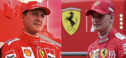 Michael Schumacher, en 2003; y Nick Schumacher, en Baréin este martes