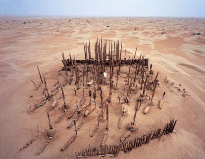 Aerial view of the Xiaohe cemetery, in the Taklamakan desert (China).