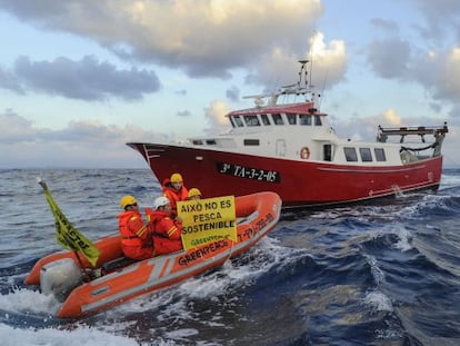 Varios activistas de Greenpeace durante una acci&oacute;n de protesta contra la pesca de arrastre en Tarragona.