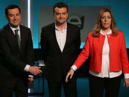 Juanma Moreno (PP), Antonio Maillo (IU) y Susana D&iacute;az (PSOE) en el debate de TVE del pasado 16 de marzo.