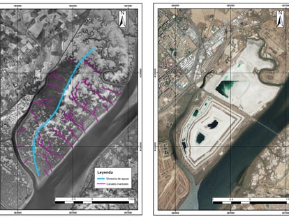 Fotos aéreas en 1956, con los canales mareales en morado, y en 2015, con las balsas de fosfoyesos de Huelva. / DEPARTAMENTO DE CIENCIAS DE LA TIERRA, UNIVERSIDAD DE HUELVA