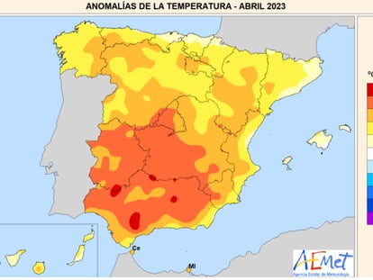Mapa de las anomalías de la temperatura media, con las máximas y las mínimas, del mes de abril en España, con zonas de Andalucía, Extremadura y Castilla-La Mancha a 5° por encima de la media.