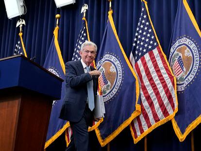 El presidente de la Reserva Federal, Jerome Powell, en la rueda de prensa posterior a la reunión del comité de política monetaria del 14 de diciembre.