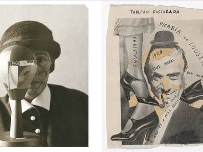 A la izquierda: Retrato de sophie Taeuber con su cabeza Dada. A la derecha Un corta y pega impreso en papel con tinta. Dadaglobe sumisi&oacute;n.