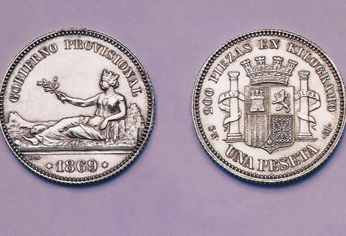 Imagen de la primera peseta emitida en 1869.