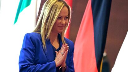 La primera ministra de Italia, Giorgia Meloni, en una de las reuniones del G-20 celebrada en Nueva Delhi, el pasado día 9 de septiembre.