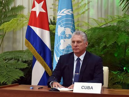 Miguel Díaz-Canel habla en la Asamblea General de la ONU, desde La Habana, el 22 de septiembre.