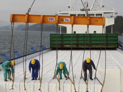 Operarios cargando celulosa en un naviero.