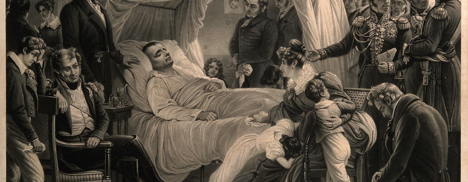 Napoleón en su lecho de muerte, según un grabado de Steuber.