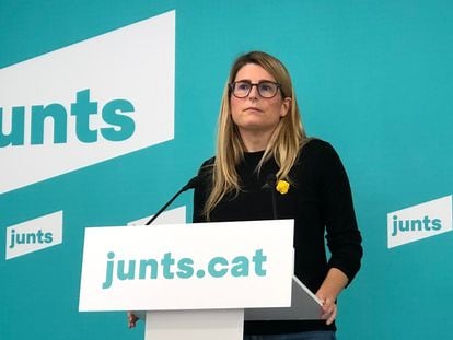 La vicepresidenta de Junts, Elsa Artadi, durante la rueda de prensa telemática de este lunes.