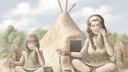 Recreación de dos mujeres hilando en el III milenio a. C.