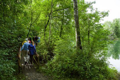 Un grupo de descendientes de los refugiados andando los pasos de sus familiares en el Rin Alpino durante una reunión en 2017.