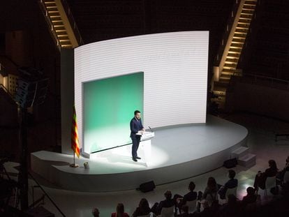 El president Pere Aragonès en un momento de la conferencia del pasado lunes. / JOAN SÁNCHEZ