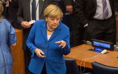 Merkel, este domingo, en la sede de la ONU.