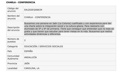 Captura del anuncio de la web de empleo de la Junta de Andalucía.