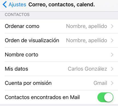 Para ayudarte a configurar tus contactos y el calendario, en los Ajustes puedes seleccionar la opción "Contactos encontrados en Mail". De esta forma, iOS 9 es capaz de tomar información de tus mensajes de correo electrónico de forma inteligente.