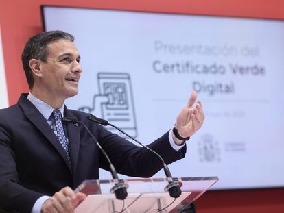 Pedro Sánchez, durante la presentación del certificado verde digital en la feria Fitur en Madrid, este viernes.