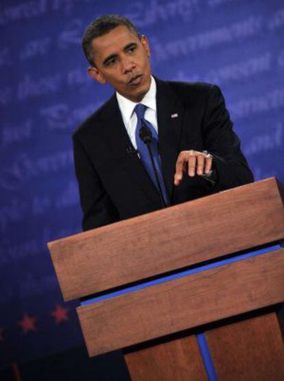 El presidente Obama en uno de los instantes del cara a cara con Romney.