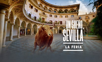 El toro fundido con la sevillana Plaza del Cabildo, una de las imágenes publicitarias de la Feria de Abril.