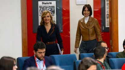 La ministra Portavoz, Pilar Alegría, y la ministra de Ciencia, Innovación y Universidades, Diana Morant, durante la rueda de prensa tras el Consejo de Ministros en el complejo de La Moncloa.