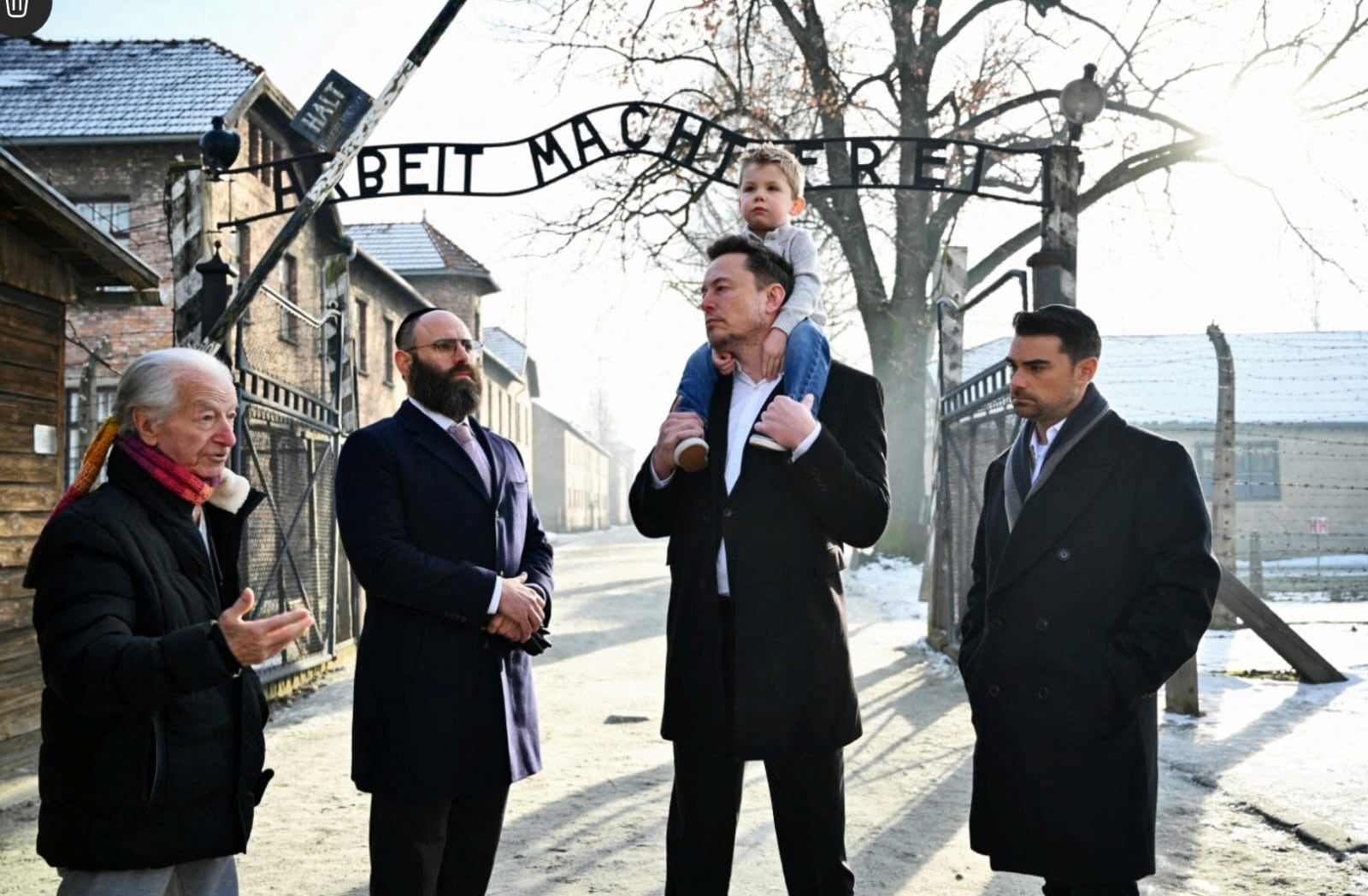 Elon Musk takes part in a private visit to Auschwitz-Birkenau with European Jewish Association (EJA) Chairman Rabbi Menachem Margolin, Ben Shapiro and Holocaust survivor Gidon Lev in Oswiecim, Poland January 22, 2024.  European Jewish Association/Yoav Dudkevitch/Handout via REUTERS    THIS IMAGE HAS BEEN SUPPLIED BY A THIRD PARTY MANDATORY CREDIT NO RESALES. NO ARCHIVES.