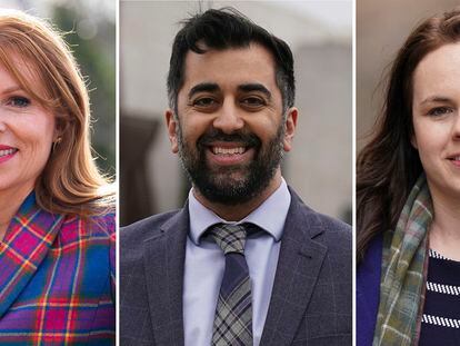 Los tres candidatos a liderar el Partido Nacional Escocés. De izquierda a derecha: Ash Regan, Humza Yousaf y Kate Forbes.