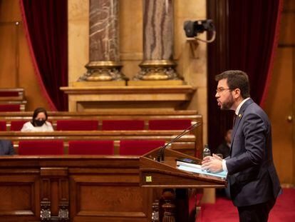 El presidente del Govern en funciones, Pere Aragonès, en el Parlament.